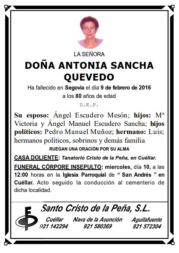 Esquela de Antonia Sancha Quevedo