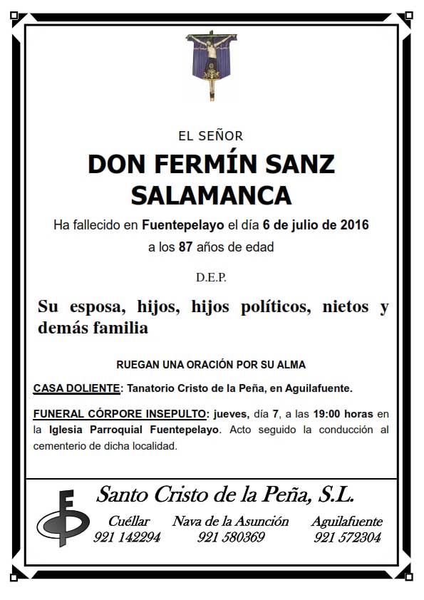 Esquela de Fermín Sanz Salamanca