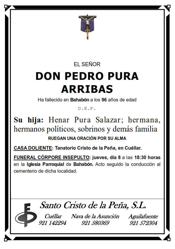 Esquela de Pedro Pura Arribas